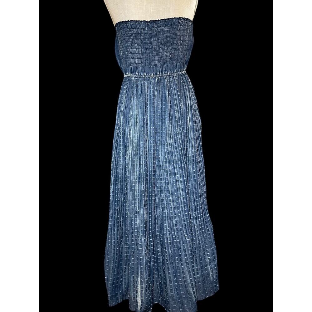 Millenium Denim Look Dobby Dot Strapless Maxi Dress – Blue Pleated Cottagecore - Picture 2 of 8